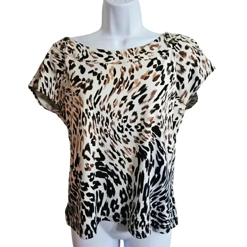 RAFAELLA Women XL Cheetah Print Cotton Blouse Gold Button Boat Neck Chic Neutral - Picture 2 of 8